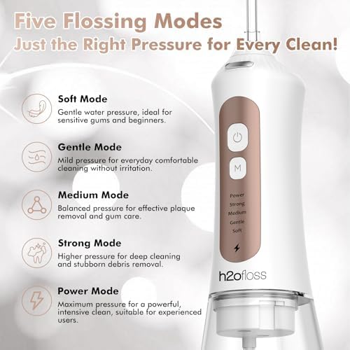 H2ofloss Irrigador Dental Portátil con Punta para Principiantes – 5 Modos de Cuidado Oral, Batería Recargable de 2500mAh, Tanque de 300ml, IPX7, - imagen 3