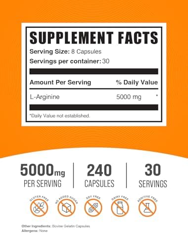 Cápsulas de L-Arginina BulkSupplements.com - Suplemento de Arginina y Óxido Nítrico, Sin Gluten, 8 Cápsulas por Porción (5000mg), 240 Contenido - imagen 2