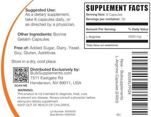 Cápsulas de L-Arginina BulkSupplements.com - Suplemento de Arginina y Óxido Nítrico, Sin Gluten, 8 Cápsulas por Porción (5000mg), 240 Contenido - imagen 7