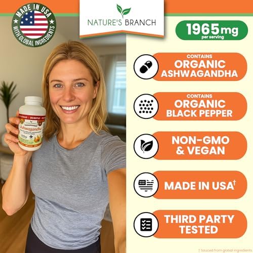 Ashwagandha Orgánica Certificada UDAF con Pimienta Negra, 1965mg - Fuerza Extra para Estrés, Sueño, Ánimo, Tiroides, Energía, Cabello, Suplemento - imagen 2