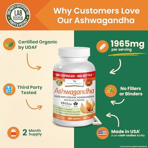 Ashwagandha Orgánica Certificada UDAF con Pimienta Negra, 1965mg - Fuerza Extra para Estrés, Sueño, Ánimo, Tiroides, Energía, Cabello, Suplemento - imagen 4