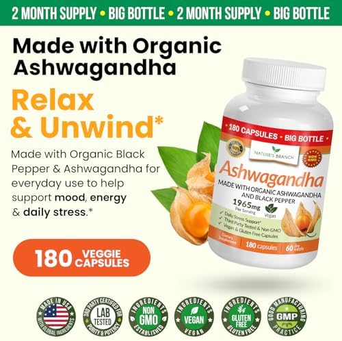Ashwagandha Orgánica Certificada UDAF con Pimienta Negra, 1965mg - Fuerza Extra para Estrés, Sueño, Ánimo, Tiroides, Energía, Cabello, Suplemento - imagen 5