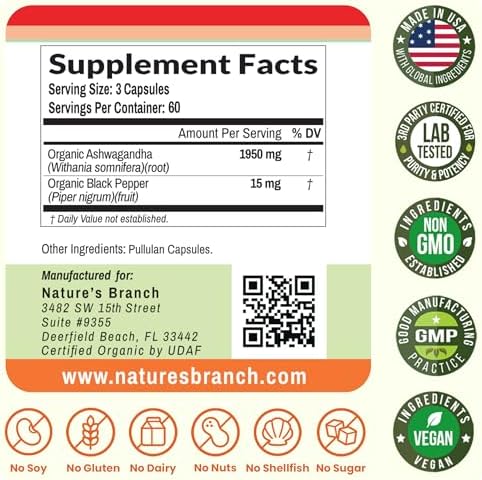 Ashwagandha Orgánica Certificada UDAF con Pimienta Negra, 1965mg - Fuerza Extra para Estrés, Sueño, Ánimo, Tiroides, Energía, Cabello, Suplemento - imagen 6