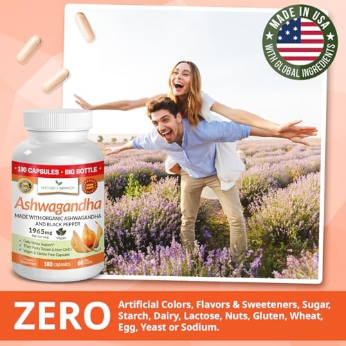 Ashwagandha Orgánica Certificada UDAF con Pimienta Negra, 1965mg - Fuerza Extra para Estrés, Sueño, Ánimo, Tiroides, Energía, Cabello, Suplemento - imagen 8