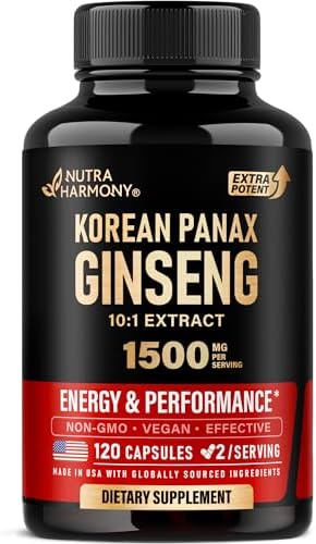 Suplemento de Ginseng Panax 1500 mg - Ginseng Rojo Coreano Extra Fuerte 10:1 - Energía, Enfoque y Rendimiento - Natural y Vegano - 120 Cápsulas, - imagen 1