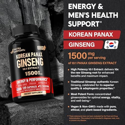 Suplemento de Ginseng Panax 1500 mg - Ginseng Rojo Coreano Extra Fuerte 10:1 - Energía, Enfoque y Rendimiento - Natural y Vegano - 120 Cápsulas, - imagen 4