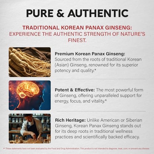 Suplemento de Ginseng Panax 1500 mg - Ginseng Rojo Coreano Extra Fuerte 10:1 - Energía, Enfoque y Rendimiento - Natural y Vegano - 120 Cápsulas, - imagen 5