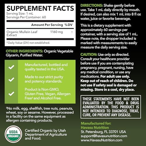 Gotas de Mullein para Pulmones - Extracto Orgánico de Hoja de Mullein - Suplemento para la Salud Respiratoria - 2 Fl Oz - Vegano, No GMO y Sin - imagen 2