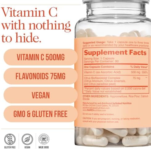 NAKED Vitamina C - Cápsulas de 500mg de Ácido Ascórbico con Bioflavonoides Cítricos - Antioxidante Diario y Soporte Inmunológico - Veganas, No GMO - - imagen 5
