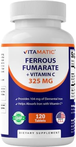 Suplemento de Hierro Vitamatic Ferrous Fumarate 325 mg + Vitamina C 100 mg (104 mg Hierro Elemental) – Alta Potencia, Suave para el Estómago, 120 - imagen 1
