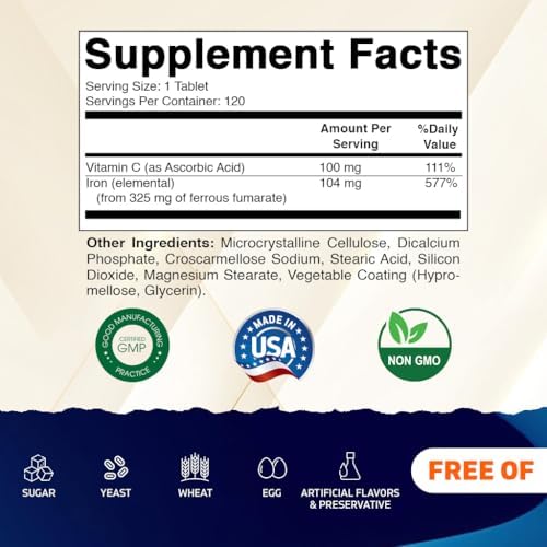 Suplemento de Hierro Vitamatic Ferrous Fumarate 325 mg + Vitamina C 100 mg (104 mg Hierro Elemental) – Alta Potencia, Suave para el Estómago, 120 - imagen 2