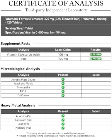 Suplemento de Hierro Vitamatic Ferrous Fumarate 325 mg + Vitamina C 100 mg (104 mg Hierro Elemental) – Alta Potencia, Suave para el Estómago, 120 - imagen 3