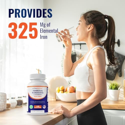 Suplemento de Hierro Vitamatic Ferrous Fumarate 325 mg + Vitamina C 100 mg (104 mg Hierro Elemental) – Alta Potencia, Suave para el Estómago, 120 - imagen 5