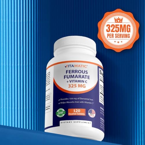 Suplemento de Hierro Vitamatic Ferrous Fumarate 325 mg + Vitamina C 100 mg (104 mg Hierro Elemental) – Alta Potencia, Suave para el Estómago, 120 - imagen 6