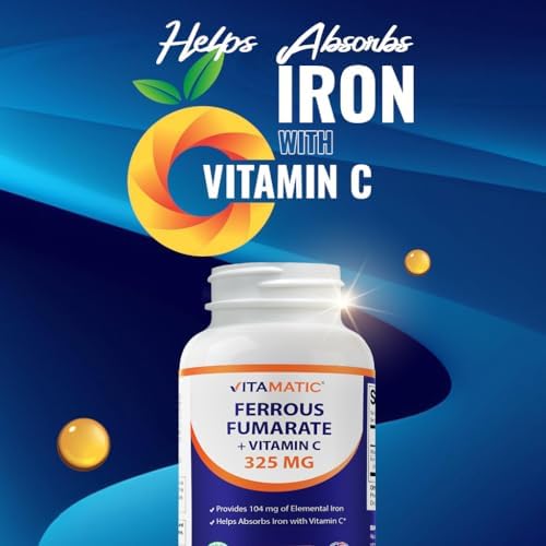 Suplemento de Hierro Vitamatic Ferrous Fumarate 325 mg + Vitamina C 100 mg (104 mg Hierro Elemental) – Alta Potencia, Suave para el Estómago, 120 - imagen 7