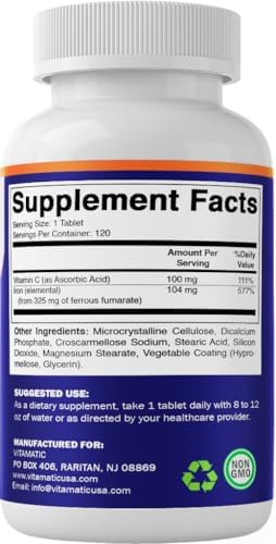 Suplemento de Hierro Vitamatic Ferrous Fumarate 325 mg + Vitamina C 100 mg (104 mg Hierro Elemental) – Alta Potencia, Suave para el Estómago, 120 - imagen 8