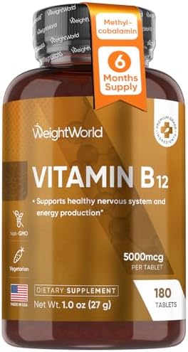 Vitaminas B12 WeightWorld 5000mcg | Suministro para 6 Meses | Methylcobalamin para un Sistema Nervioso Saludable y Producción de Energía (180 - imagen 1