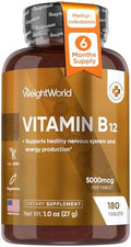 Vitaminas B12 WeightWorld 5000mcg | Suministro para 6 Meses | Methylcobalamin para un Sistema Nervioso Saludable y Producción de Energía (180 - imagen 1