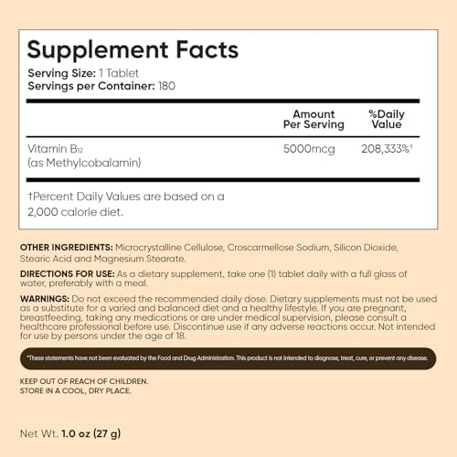 Vitaminas B12 WeightWorld 5000mcg | Suministro para 6 Meses | Methylcobalamin para un Sistema Nervioso Saludable y Producción de Energía (180 - imagen 6