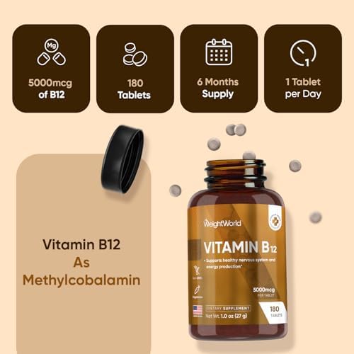 Vitaminas B12 WeightWorld 5000mcg | Suministro para 6 Meses | Methylcobalamin para un Sistema Nervioso Saludable y Producción de Energía (180 - imagen 8