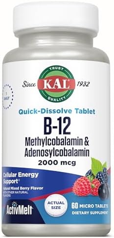 KAL Suplemento de Energía B12 Methylcobalamin y Adenosilcobalamina 2000 mcg ActivMelt, 60 Microtabletas Sabor Frutos Rojos, Alta Absorción - imagen 1