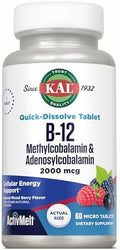 KAL Suplemento de Energía B12 Methylcobalamin y Adenosilcobalamina 2000 mcg ActivMelt, 60 Microtabletas Sabor Frutos Rojos, Alta Absorción - imagen 1