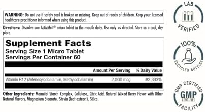 KAL Suplemento de Energía B12 Methylcobalamin y Adenosilcobalamina 2000 mcg ActivMelt, 60 Microtabletas Sabor Frutos Rojos, Alta Absorción - imagen 2
