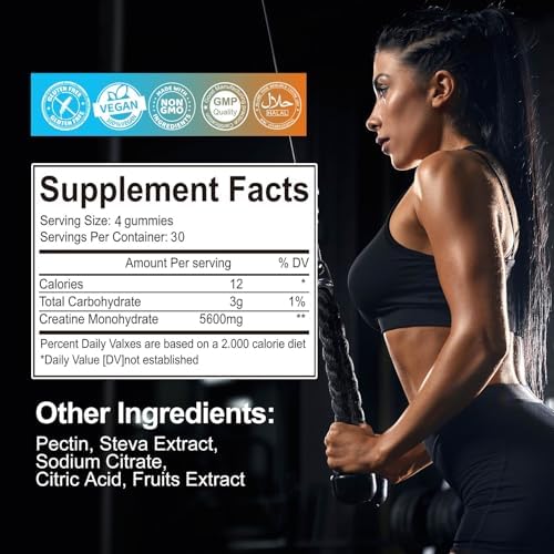 Gomitas de Creatina Monohidratada 5600mg para Hombres y Mujeres, 120 Unidades, Apoyo Muscular y Energía, 5.6g por Porción - Sin Azúcar (Sabor - imagen 2
