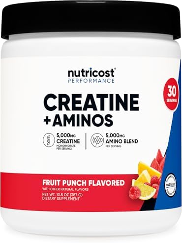 Nutricost Creatina + Aminos 30 Porciones (Sabor Ponche de Frutas) - 5,000mg de Creatina Monohidratada + 5,000mg de Mezcla de Aminoácidos BCAA por - imagen 1