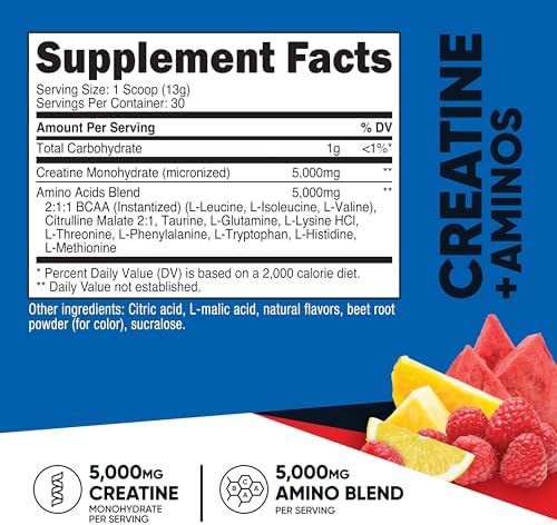 Nutricost Creatina + Aminos 30 Porciones (Sabor Ponche de Frutas) - 5,000mg de Creatina Monohidratada + 5,000mg de Mezcla de Aminoácidos BCAA por - imagen 2