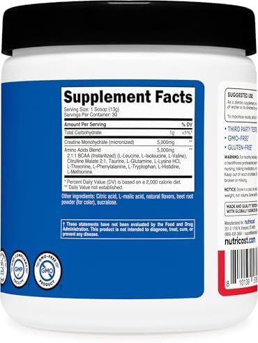 Nutricost Creatina + Aminos 30 Porciones (Sabor Ponche de Frutas) - 5,000mg de Creatina Monohidratada + 5,000mg de Mezcla de Aminoácidos BCAA por - imagen 5