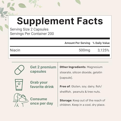 Micro Ingredients Niacina 500mg por Porción, 400 Cápsulas | Vitaminas B3 Sin Enrojecimiento | Suplemento Esencial de Doble Fuerza | Cuidado de la - imagen 2