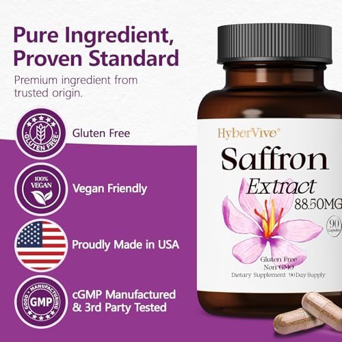 Suplementos de Azafrán HyberVive 88.5MG | 90 Cápsulas Veganas, Extracto de Azafrán para Energía, Enfoque y Ánimo, 100% Puro, Hecho en EE. UU., Sin - imagen 7