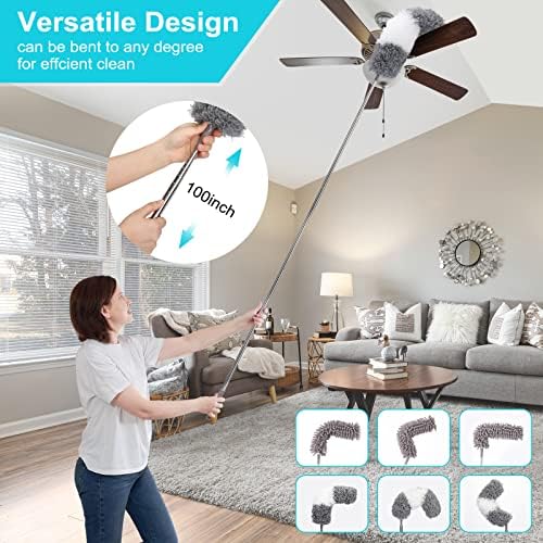 Juego de 12 Plumeros de Microfibra con Extensión de Acero Inoxidable de 30 a 100'', Lavables y Flexibles, Ideal para Limpiar Ventiladores, Techos - imagen 2