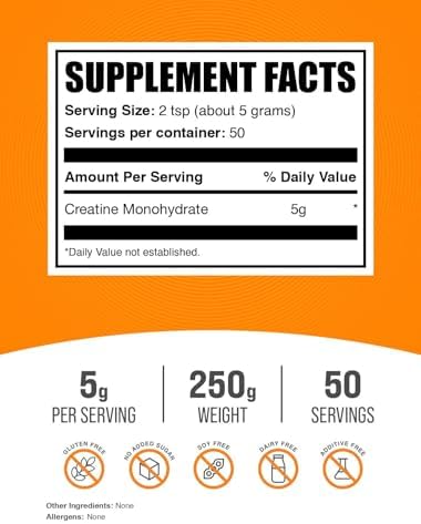 Creatina Monohidratada en Polvo BulkSupplements.com - Creatina Micronizada, Sin Sabor, Pura y Libre de Gluten, 5g por Porción, 250g (8.8 oz) - imagen 2
