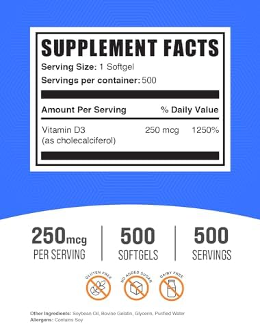 BulkSupplements.com Vitamina D3 10000UI en Softgels - Suplemento de Cholecalciferol, 500 Softgels, Suministro para 500 Días - imagen 2