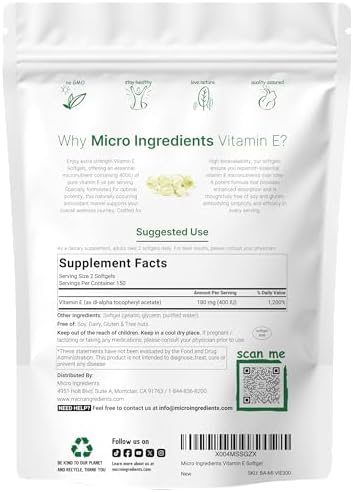 Micro Ingredients Vitamina E 400UI, 300 Softgels | Cápsulas de Aceite de Vitamina E Pura | Suplementos Antioxidantes para Piel, Corazón e Inmunidad | - imagen 2