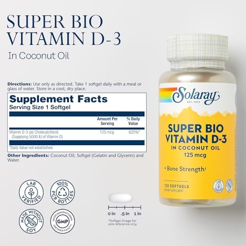 SOLARAY Super Bio Vitamina D3 en Aceite de Coco - 5000 IU - Suplemento para Huesos y Sistema Inmunológico - Verificado en Laboratorio, Sin Soja - 120 - imagen 2