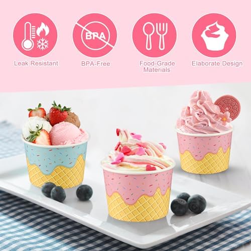 Taza de Papel para Helado Augisteen 50 Piezas 9oz, Bowls Desechables para Postres, 2 Diseños, Ideal para Fiestas y Snacks Fríos o Calientes - imagen 3