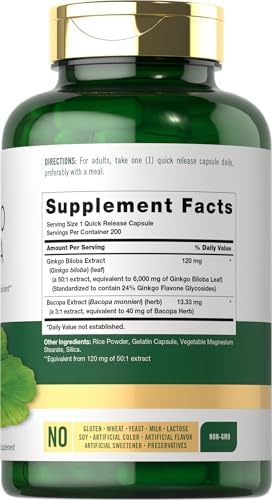 Cápsulas de Ginkgo Biloba Carlyle | 200 Cápsulas | Con Extracto de Bacopa | Suplemento Herbal Extra Fuerte, Sin OGM y Sin Gluten - imagen 2