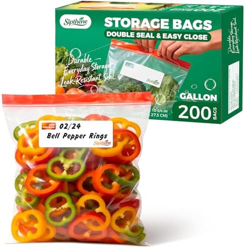Bolsas de Almacenamiento para Alimentos Sipthene de 1 Galón, 200 Piezas, Resistentes y Sin BPA, con Doble Cierre y Etiquetas para Escribir, Ideal - imagen 1