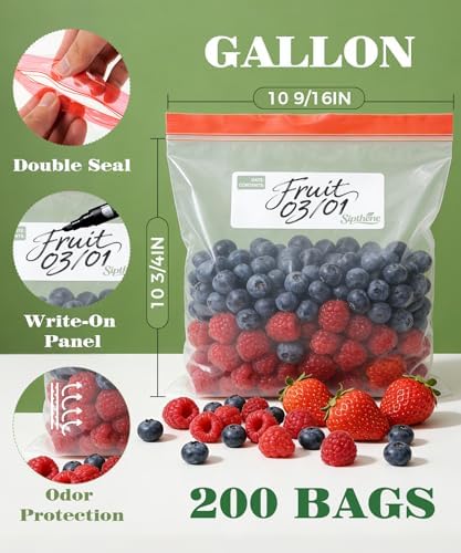 Bolsas de Almacenamiento para Alimentos Sipthene de 1 Galón, 200 Piezas, Resistentes y Sin BPA, con Doble Cierre y Etiquetas para Escribir, Ideal - imagen 3