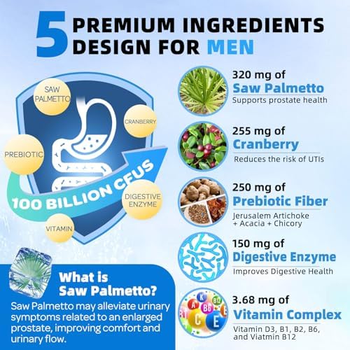 ZEBORA Probióticos para Hombres - 100 Mil Millones CFU con Enzimas Digestivas, Saw Palmetto y Arándano para Soporte Prostático - Suplemento Diario - imagen 3
