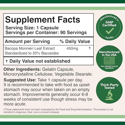 Cápsulas de Bacopa Monnieri 20% Bacosidos 450mg, 90 piezas (Sin OGM, Sin Gluten) Extracto de Brahmi (Suplemento para la Memoria y la Salud Cerebral) - imagen 2