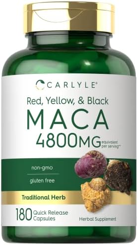 Cápsulas de Raíz de Maca Carlyle para Mujeres y Hombres | 180 Contenido | Extracto de Alta Potencia | Suplemento No Transgénico y Libre de Gluten - imagen 1