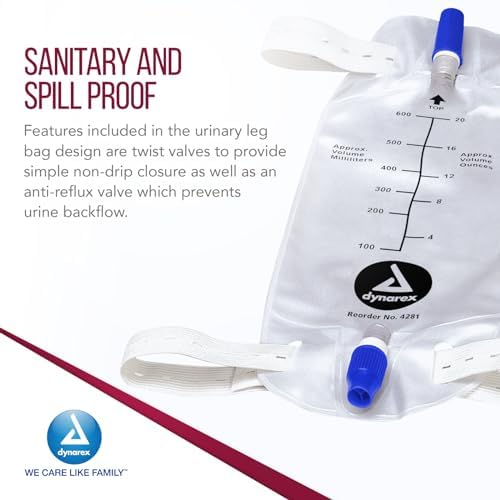 Bolsa de Pierna Urinaria Dynarex, para Uso con Catéter, Cierre Antiderrame y Válvula Antirreflujo, Capacidad de 600 ml/20 oz, Mediana, Blanca, 1 Caja - imagen 3