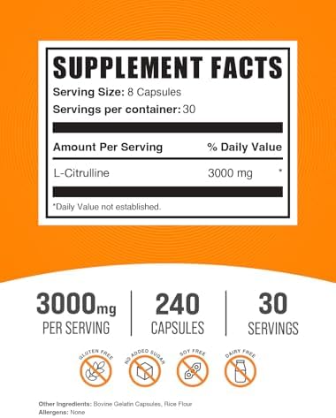 Cápsulas de L-Citrulina BulkSupplements.com - Suplemento de Citrulina 3000mg, Libre de Gluten - 8 Cápsulas por Porción, 240 Cápsulas (Paquete de 1) - imagen 2