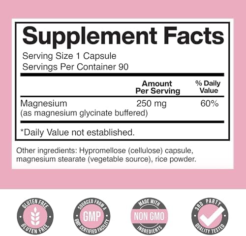 Glicinato de Magnesio para Mujeres 250mg por Cápsula, Chelado para Ella, 90 Cápsulas, Suministro para 90 Días - imagen 2