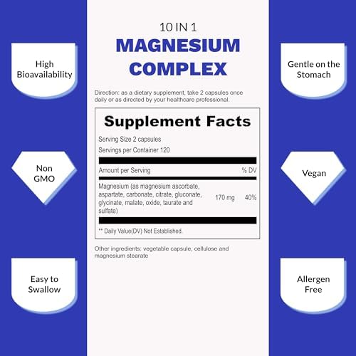 Suplemento de Magnesio UpNourish - Complejo de Magnesio 10 en 1 - Suplementos Minerales de Magnesio de Espectro Completo con Glicinato, Citrato, - imagen 6