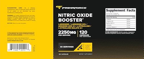 Primaforce Aumentador de Óxido Nítrico (2,250mg, 120 Cápsulas) - 40 Porciones de Mezcla para Pre y Post Entrenamiento - imagen 5